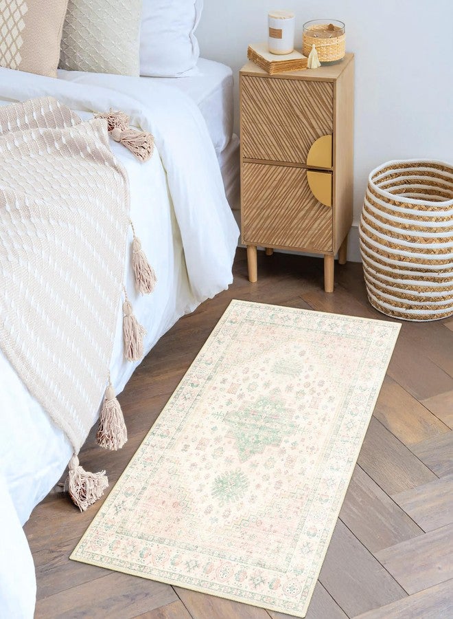 MUJOO Small Rug,2x3 Washable Area Rugs for Bathroom Entryway Entry Entrance Bedroom,Indoor Front Door Mat Non Slip Throw Carpet Boho Low Pile Light Pink and Green - Image 3